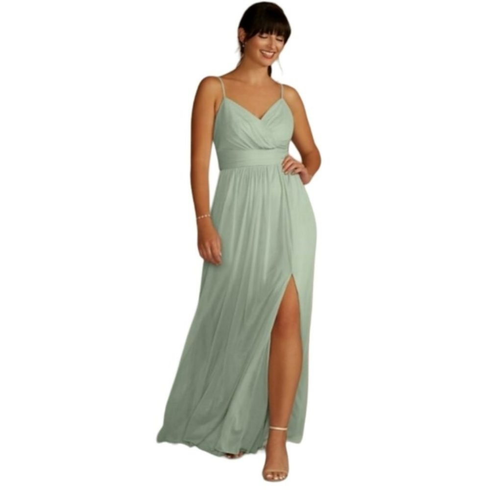 David's Bridal Spagetti Strap Ruched Waist  Mesh Style# F19944 Dusty Sage (Sz 6)